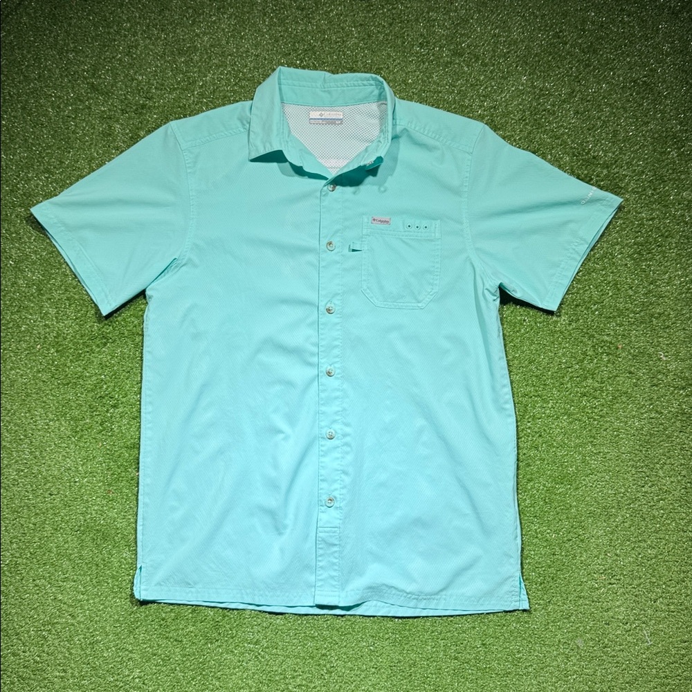 Columbia PFG Fishing Shirt Sm Light Blue / Teal Short Sleeve Button Up Vented